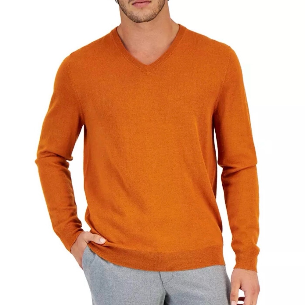 Club Room Men's V-Neck Merino Wool Blend Sweater in Bold Orange